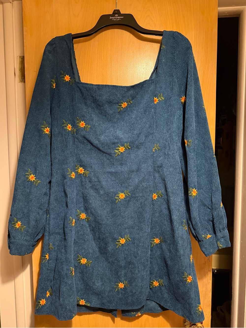 Blue Corduroy Floral Embroidered Shift Dress